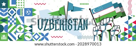 Flag and map of Uzbekistan with raised fists. National day or Independence day design for Uzbek celebration. Modern retro design with abstract icons. Vector illustration.