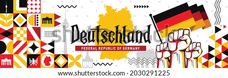 National day of Deutschland Germany banner with retro abstract geometric shapes, berlin landscape landmarks. German flag and map. Red yellow black colors scheme. German Unity Day. Vector Illustration