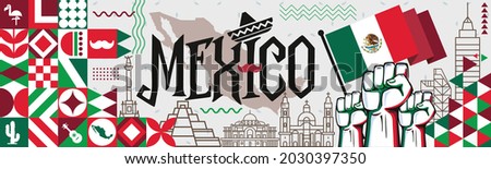 Mexico National day banner with retro abstract geometric shapes. Mexico flag and map. Red green Mexican colors scheme with raised hands or fists. Mexico city landmarks and skyline Vector Illustration.