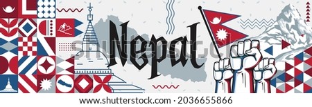 Nepal National day or Happy Teej Festival banner with abstract shapes. Nepali flag and map. Red blue triangles scheme with raised hands or fists. Mount Everest Kathmandu landmarks. Vector Illustration