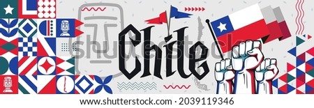 Chile National day banner with abstract shapes. Chile flag and map. Red blue triangles scheme with raised hands or fists. Moai landmarks. Vector Illustration