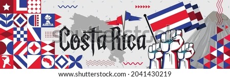Costa Rica National day banner with abstract shapes. Costa Rican flag and map. Red blue triangles scheme with raised hands or fists. Arenal volcano landmark. Vector Illustration