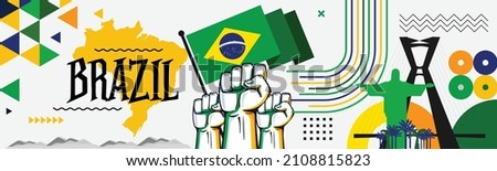 Flag and map of Brazil with raised fists. National day or Independence day design for Brazilian celebration. Modern retro design with Rio landmarks abstract icons. Vector illustration.