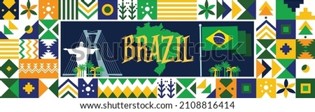 Flag and map of Brazil with traditional festival theme. National day or Independence day design for Brazilian celebration. Modern retro design with abstract icons. Vector illustration.