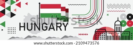 Hungary national day banner design. Hungarian flag and map theme with Budapest landmark background. Abstract geometric retro shapes of red and green color. Vector illustration. 