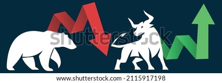 Bull or bullish run; Bear or bearish market trend in crypto currency or stocks. Trade exchange, green up or red down arrows graph. Stock market price chart. Global economy crash or boom. Vector Foto stock © 