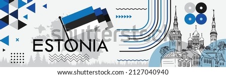 Estonia national day banner with Estonian flag colors theme background and geometric abstract retro modern blue black white design. Multiple landscapes of Tallinn , celebration of independence day.