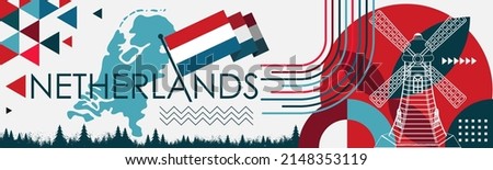 Netherlands national day banner design. Dutch flag and map theme with Amsterdam landmark background. Abstract geometric retro shapes of red and blue color. Holland Vector illustration. 