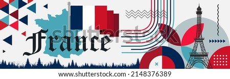 France national day banner design. French flag and map theme with Paris Eiffel tower background. Abstract geometric retro shapes of red and blue color. La France Presidential Elections. Travel Vector