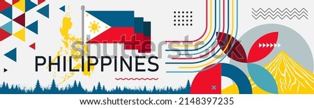 Philippines national day banner design. Filipino flag and map theme with Mayon volcano background. Abstract geometric retro shapes of red yellow blue color. Travel Vector Illustration.