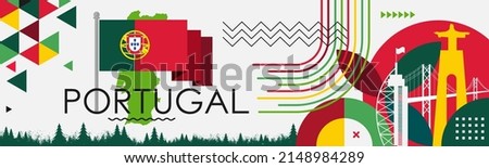 Portugal national day banner design. Portuguese flag and map theme with Lisbon landmarks background. Abstract geometric retro shapes of red and green color.  Vector illustration. Portuguesa.