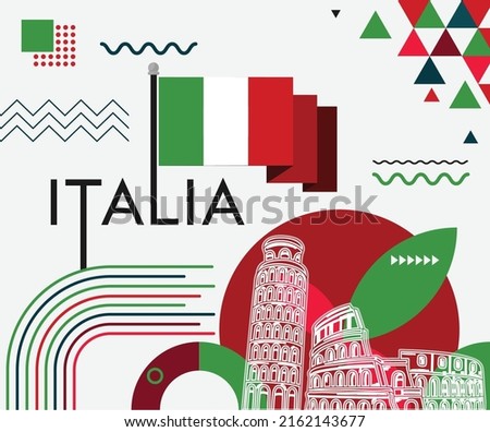 Italy national day banner design. Italian flag and map theme with Rome landmark background. Abstract geometric retro shapes of red and green color. Italia Vector illustration. 