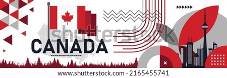 Canada day banner for independence day of Canada. Retro abstract design with Canadian flag. Vector Illustration. Red White theme with Maple leaf. Toronto skyline. Vector Illustration.