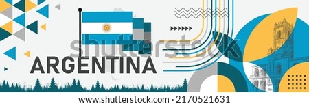 Argentina national day banner with map, flag colors theme background and geometric abstract retro modern blue white yellow design. Argentinian theme. Buenos Aires Vector Illustration.