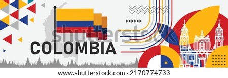Colombia national day banner with map, flag colors theme background and geometric abstract retro modern blue red yellow design. Colombian theme. Bogota Vector Illustration.
