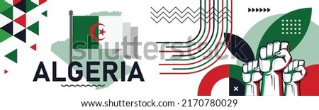 Algeria national day banner with map, flag colors theme background and geometric abstract retro modern green white red design. Algerian theme. Algiers Africa Vector Illustration.