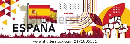 Spain national day banner for España , Espana or Espania with abstract modern design. Flag and map of Spain with red yellow color theme. Barcelona Madrid skyline in background. Vector illustration.