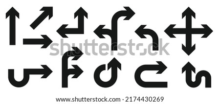 Set of black vector arrows. Arrows icon. Arrow vector icon. Arrows vector collection. Flat style Arrows in different directions isolated on white background. Bended arrow, turning, zig zag, crossroads