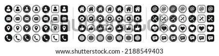 Web icons set, contact us icon, blog and social media round signs for websites. Black flat symbols for name, email, phone, address, location, like, settings, chat etc. Vector sets of circle, square.