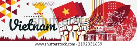 Vietnam Flag and map with raised fists. National day or Independence day design for Vietnamese celebration. Modern retro design with abstract icons. Vector illustration.