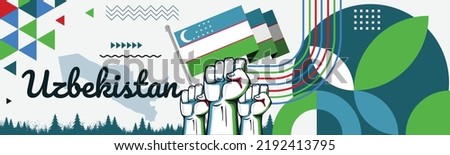 Uzbekistan Flag and map with raised fists. National day or Independence day design for Uzbek celebration. Modern retro design with abstract icons. Vector illustration.