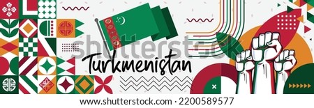 Turkmenistan Flag with raised fists. National day or Independence day design for Turkmenistani celebration. Modern retro design with abstract icons. Central Asia Ashgabat Green Vector illustration.