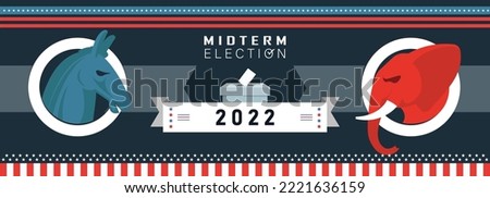 US Midterm Election 2022 Banner Background. American Election campaign between democrats and republicans. Electoral symbols of political parties. Red Blue Contest. Senate and House of Representatives.
