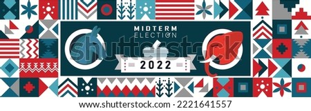 US Midterm Election 2022 Banner Background. Election campaign between democrats and republicans. Electoral symbols of political parties. Red Blue Contest. American Senate and House of Representatives.