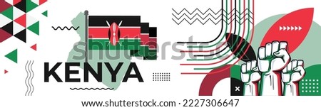 Kenya national day banner with Kenyan flag and map colors theme background and geometric abstract retro modern red green black design. Raised fists of Nairobi supporters. Triangles Vector Illustration