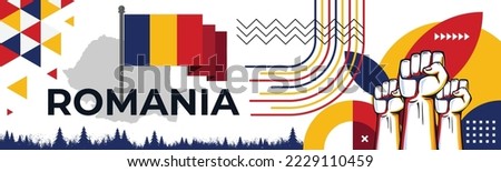 Romania national day banner with Romanian flag colors theme background and geometric abstract retro modern blue yellow red design. Raised fists of patriot supporters. Triangles Vector Illustration.