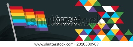 LGBTQ flag banner with modern triangles abstract background design. Rainbow flag colored LGBT rights awareness campaign. Pride day parade. Lesbians, gays, bisexuals, transgenders, queer love. Vector