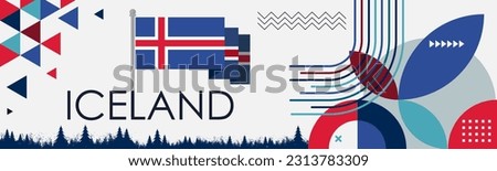 Iceland national day banner design. Icelandic flag theme graphic art web background. Abstract celebration geometric decoration, red white blue color. Icelanders flag vector illustration.