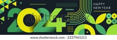 happy new year 2024 text design with modern calligraphy and dark background style. Creative Greeting card banner for 2024 clean energy colorful vegan green yellow lines. Latest Vector illustration.