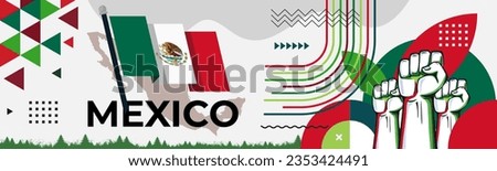 Mexico National day banner with retro abstract geometric shapes. Mexico flag and map. Red green Mexican colors scheme with raised hands or fists. Mexico Vector Illustration.