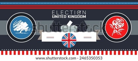 UK election 2024 banner with electoral symbols of major political parties. Vote in general election in united kingdom. British Polling box between conservative party and labour party. UK flag badge.