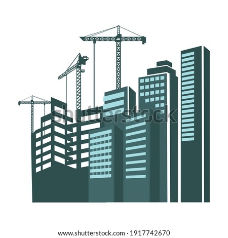 Urban development concept, extensive construction of high-rise buildings, vector illustration, flat design, poster, banner.