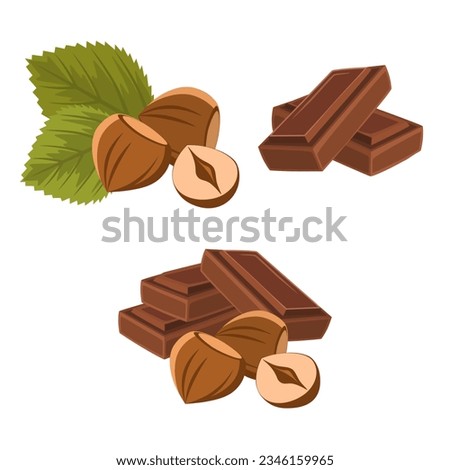 Hazelnut and chocolate bar, collection of decorative isolated elements, vector illustration.