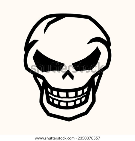 Human skull with a sinister smile, vector illustration. Drawing line simple skull icon. Jolly Roger logo template, Halloween party decoration, T-shirt design.