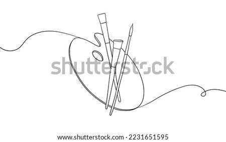 Continuous one line drawing of a art materials. Artsy brushes and painting palette one line drawing vector illustration isolated on white background