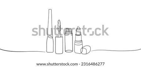 Mascara and pomade cosmetics outline. Eyeliner makeup continuous one line drawing. Decorative product cosmetics on white background