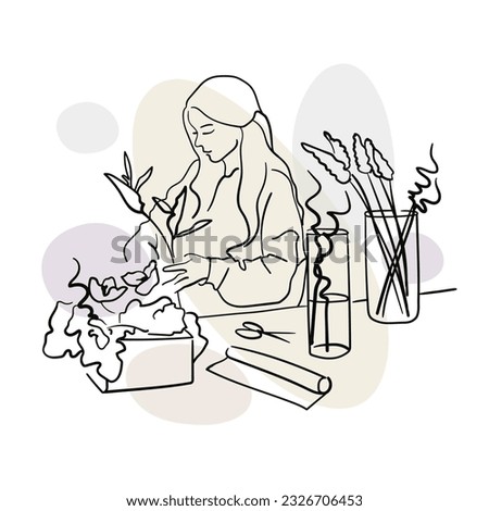 Professional florist working on table. Girl florist with flowers in line-art style with colour shape on a white background. Creation of bouquets. Flora shop. Vector outline illustration