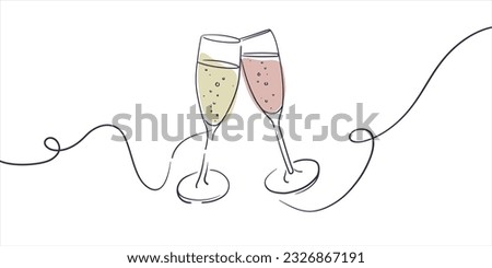 Continuous line champagne cheers one line art, continuous drawing contour. Cheers toast festive decoration for holidays. Vector illustration
