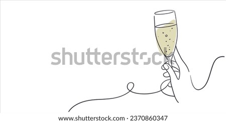 Continuous line champagne cheers one line art, continuous drawing contour on white. Hand toasting with wine glasses with drinks. Cheers toast festive decoration for holidays. Vector illustration