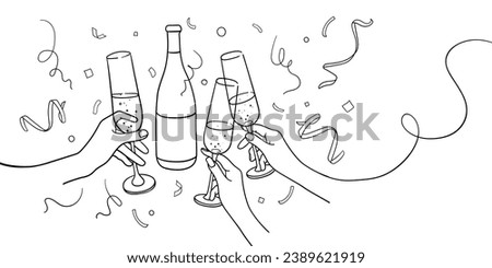 Continuous line champagne cheers one line art, continuous drawing contour on white background. 3 Wine glasses with drinks. Cheers toast festive decoration for holidays. Vector illustration