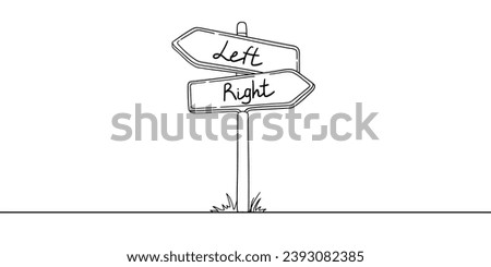 Road direction sign arrows left and right with weed isolated on white background. Continuous one line drawing. Vector illustration for banner, web, design element, template, postcard