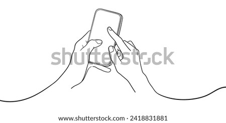 Hand holds phone with other hand. Continuous line art set isolated on white background. Minimalist Vector illustration