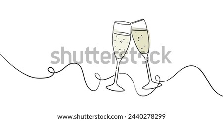 Continuous line champagne cheers one line art, continuous drawing contour. Hands toasting with yellow wine glasses with drinks. Wedding cheers toast festive decoration for holidays. 