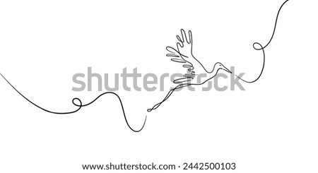 Flying heron continuous line art drawing isolated on white background. Bird minimal, black and white. Vector illustration