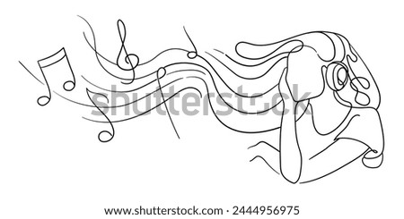 Silhouette of a girl enjoying music continuous line art drawing isolated on white background. Pleasure. Music. Notes. Vector illustration