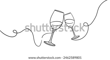 Continuous line champagne cheers one line art, continuous drawing contour. Hands toasting with wine glasses with drinks. Cheers toast festive decoration for holidays. Vector illustration	